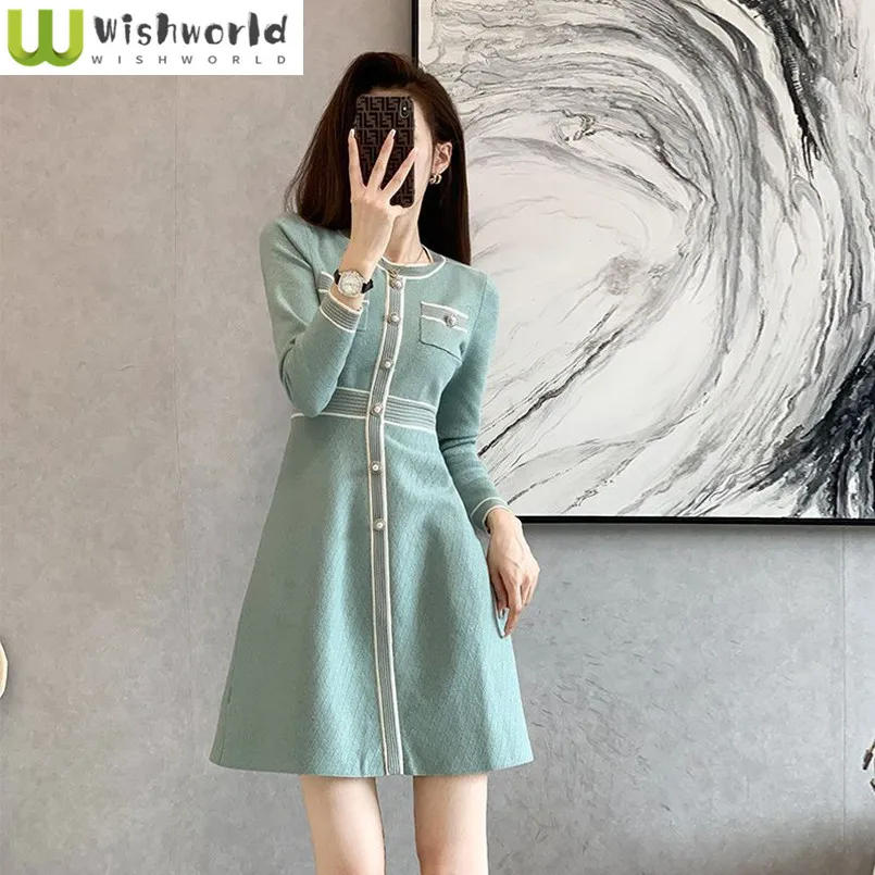 

Spring and Autumn New Korean Fashion Knitted Slimming French Style High End Elegant A-line Dress