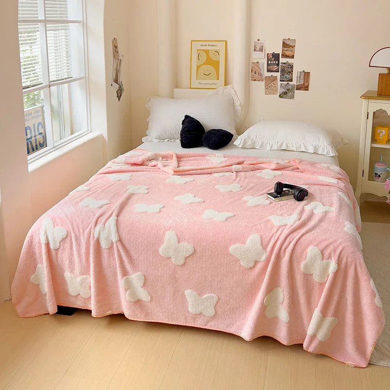 Butterfly Pattern Cotton Fleece Blanket Girls Pink Throw Blankets Winter Warm Soft Reversible Plush Blanket for Bed Chair Sofa