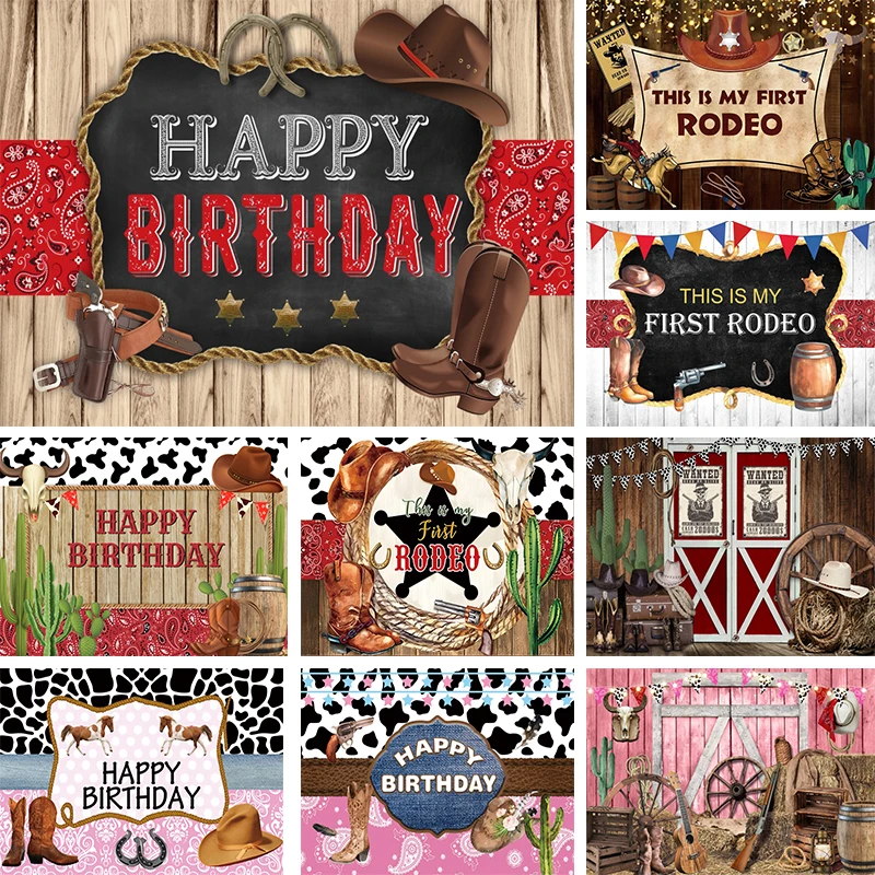 

Western Cowboy Cowgirl Birthday Backdrop This is My First Rodeo Photo Background Party Decor Rural Farm Horse Vintage Banner