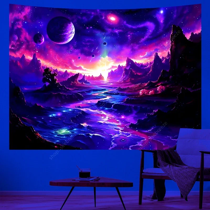 Planet UV reactive Tapestry Psychedelic Mountain and River Neon Art Tapestry Bedroom Aesthetic Dormitory Curtain