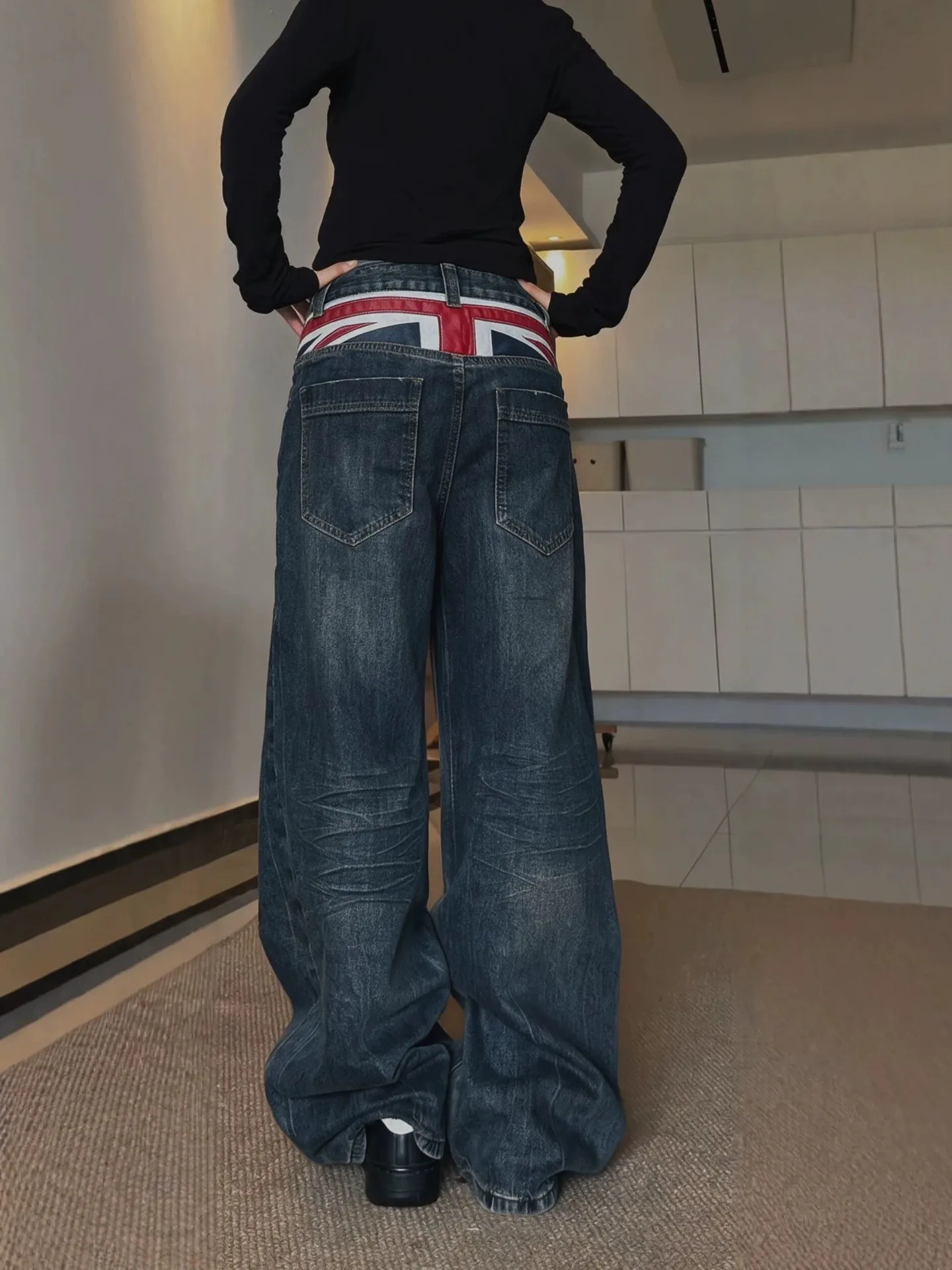 Large Size American Retro Washed Denim Back Waist Patch Women's Loose Wide Leg Pants Autumn Season High Waist Jeans
