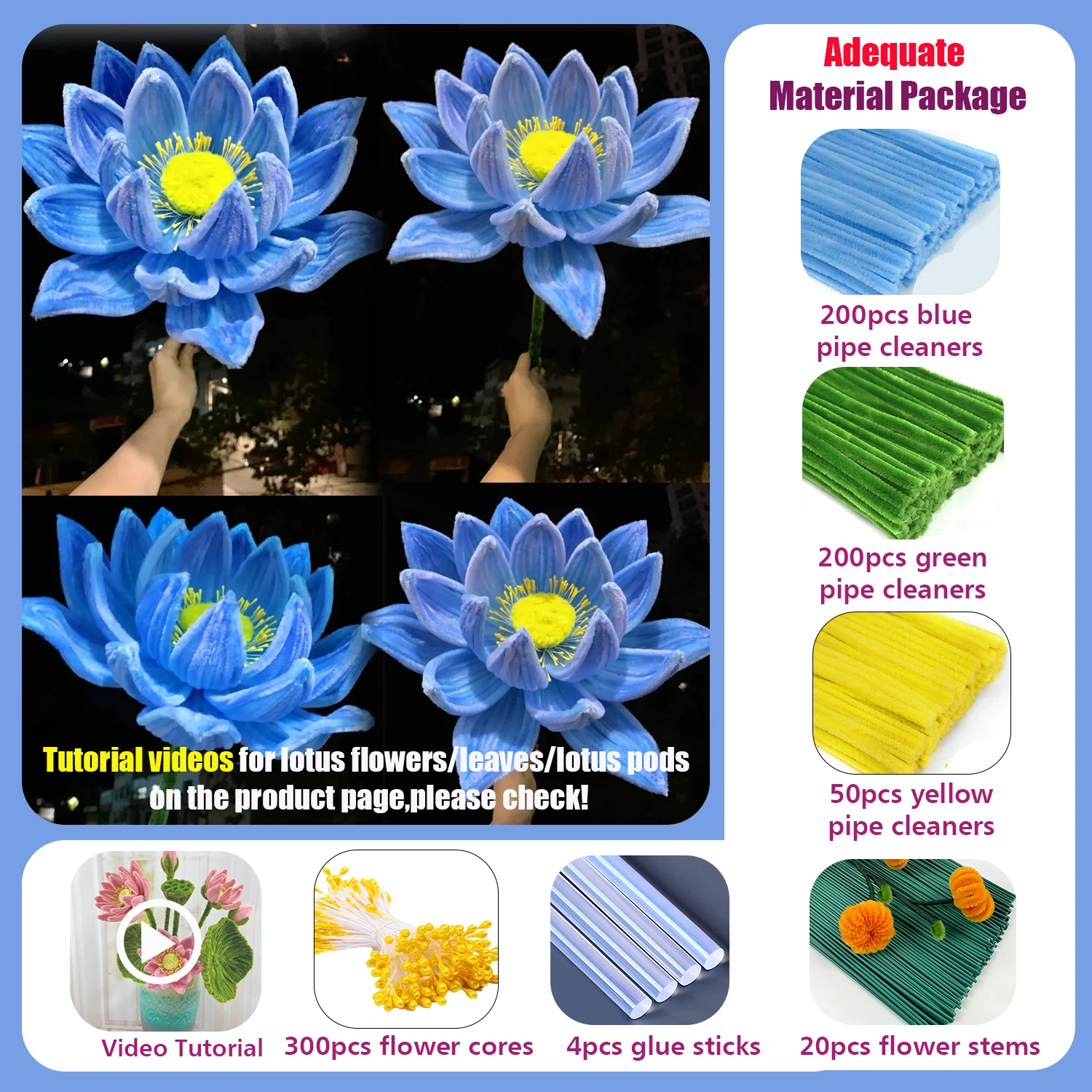 775/776Pcs Lotus Pipe Cleaner Craft Kit, Includes Flower Stems, Flower Stamens, Video Tutorial and Glue Sticks. Beginner Friendly
