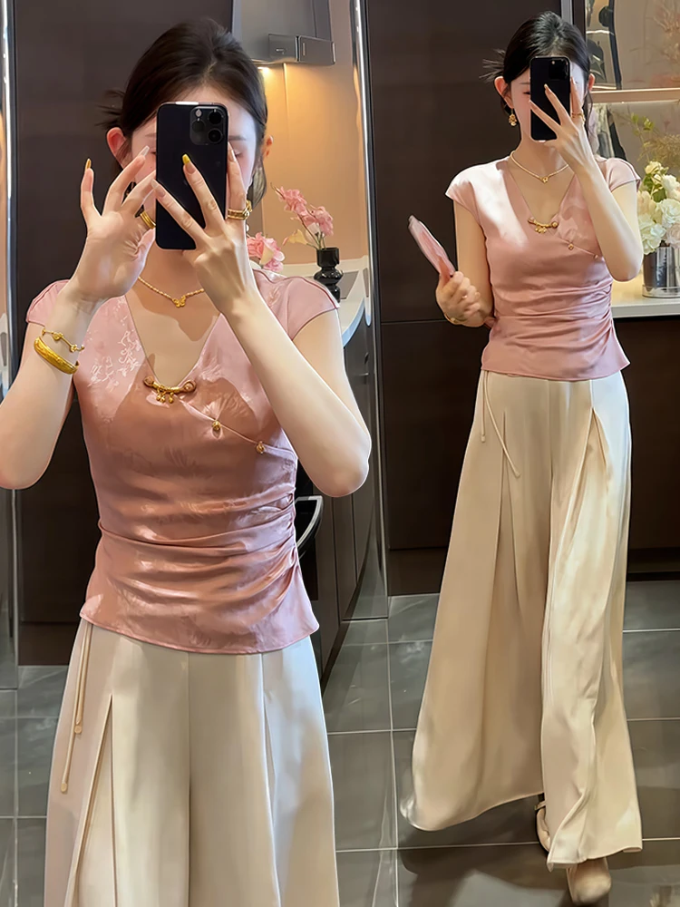 Chino Sle V-Ne irt mujer Faion adelgazante Qipao Top abotonado ort Sve transpirable cómoda versión coreana