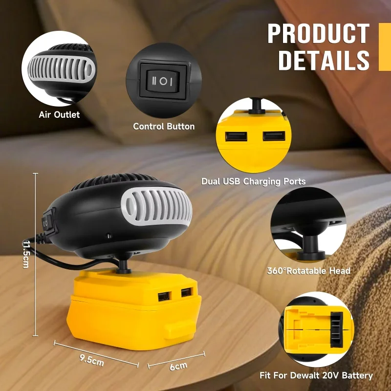 Portable Dual Hot Cold Wind Power Blower Fan Heater, Fast Warm & Cool Air Space Heating Cooling Fan with Dewalt 20V Battery