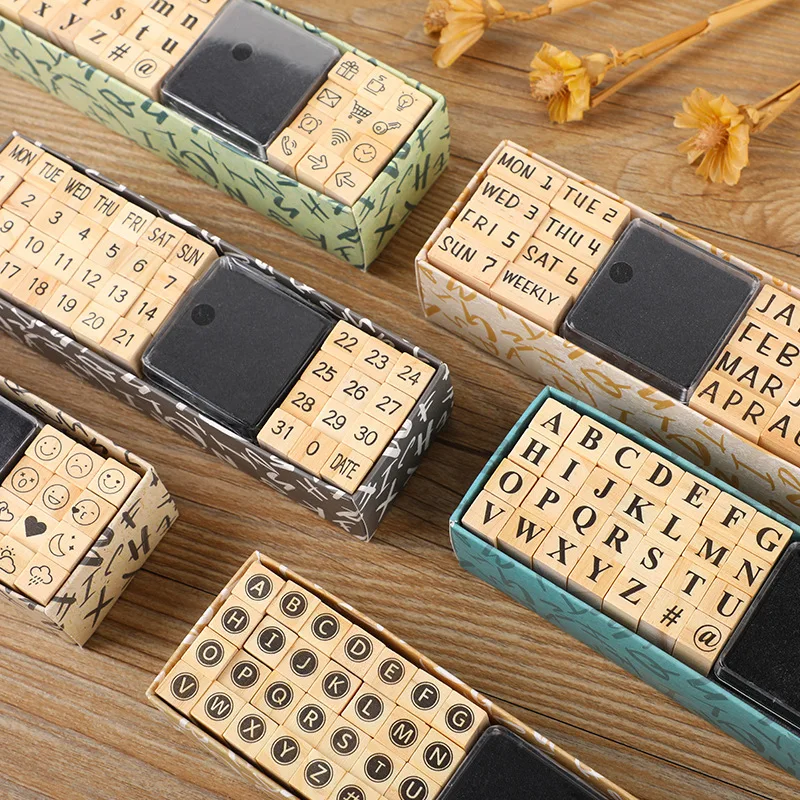 40Pcs Vintage Week Number Month Decoration Wooden Rubber Stamps for Scrapbooking Stationery Diy Craft Standard Seal and Inkpad