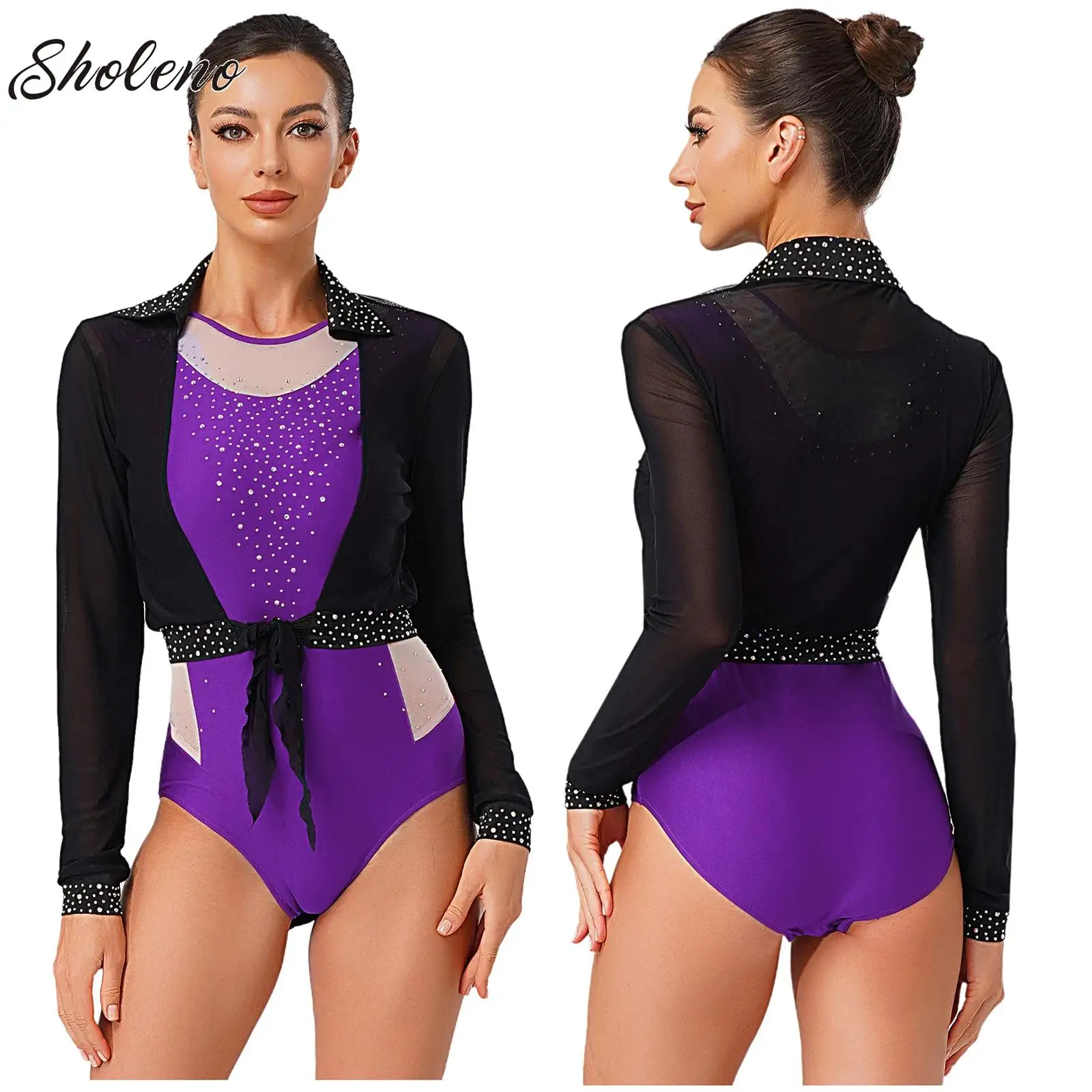 

Women's Ballet Dance Leotard And Cardigan Crop Tops Rhinestone Figure Skating Dancewear Set Stage Performance Practice Clothes
