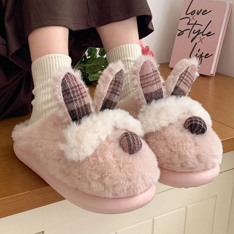 

Плюшевые тапочки для девочек, теплые плюшевые тапочки с милым кроликом, утепленные нескользящие домашние тапочки с героями мультфильмов, каваи, подарки для девочек