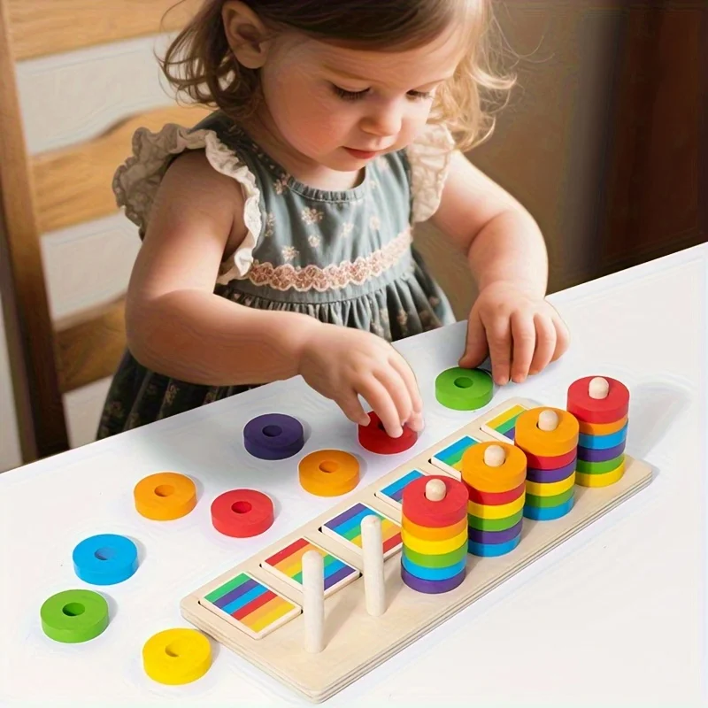 Montessori houten regenboogstapelset |   Kleursortering en geheugen bijpassende pegboard |   Voorschoolse vroege educatie STEM-speelgoed