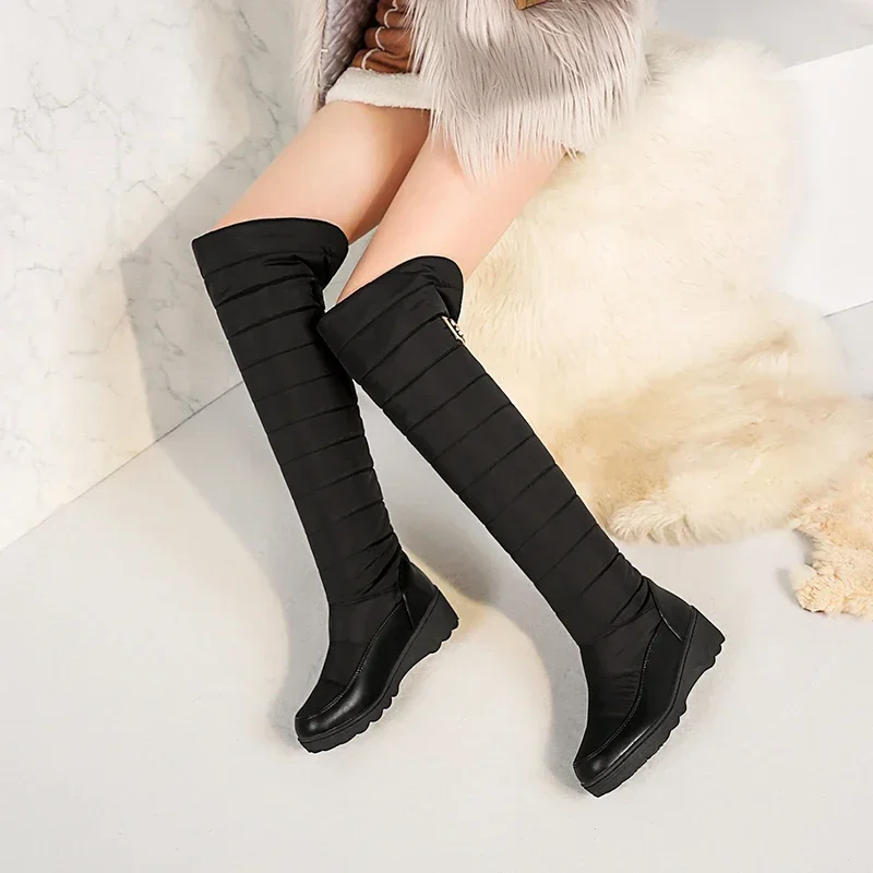 2024 Winter Women Thigh High Snow Boots Blue Waterproof Down Round Toe Lady Wedge Platform Fur Badge Over the Knee Riding Boots