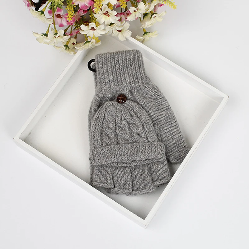 Winter Men's Jacquard Fingerless Flap Wool Knit Gloves Sports Black Gray Coffee