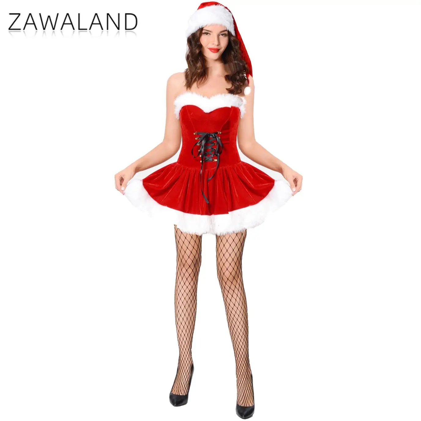 ZAWALAND Christmas Costumes Red Strapless Dress Adults Women Cosplay Party Stage Performance Fancy Dress Santa Hat Xmas Clothing