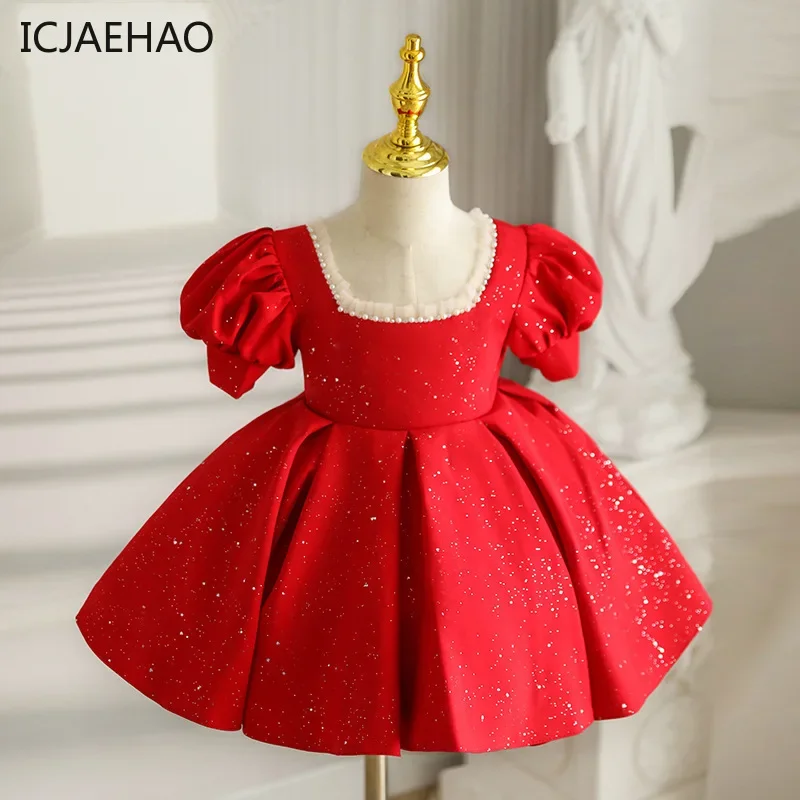 2024 Birthday Red Baptism Luxury Dress Lolita Sequin Ball Gown Newborn Infant Baby Girl Party Children Matching toddler dresses