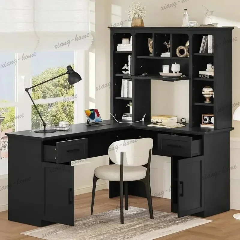 LD High Quality Black L‑Shaped Office Desk with Storage Hutch Open Shelves for Home Gaming Living Room
