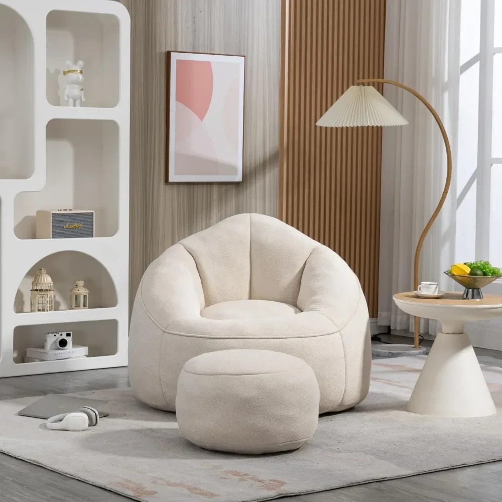 Bean Bag Chair with Ottoman, Comfy Bean Bag Sofa Chair,  Lazy Sofa, Modern Accent BeanBag Chairs for Living Room, Bedroom, Beige