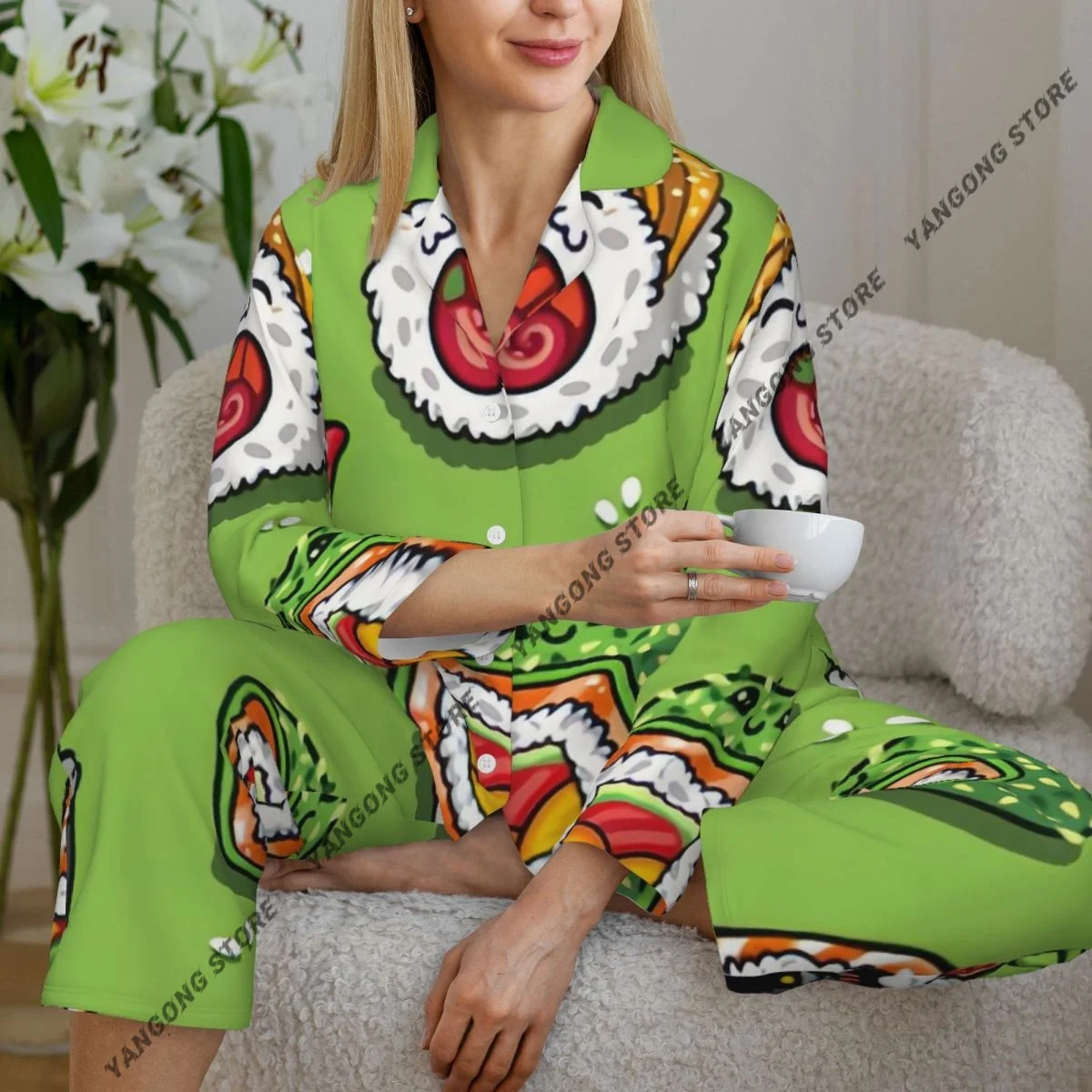 

Женские пижамы с длинными рукавами, домашняя одежда для девочек, комплект из двух предметов, пижамы с узором суши и сашими на осень-весну