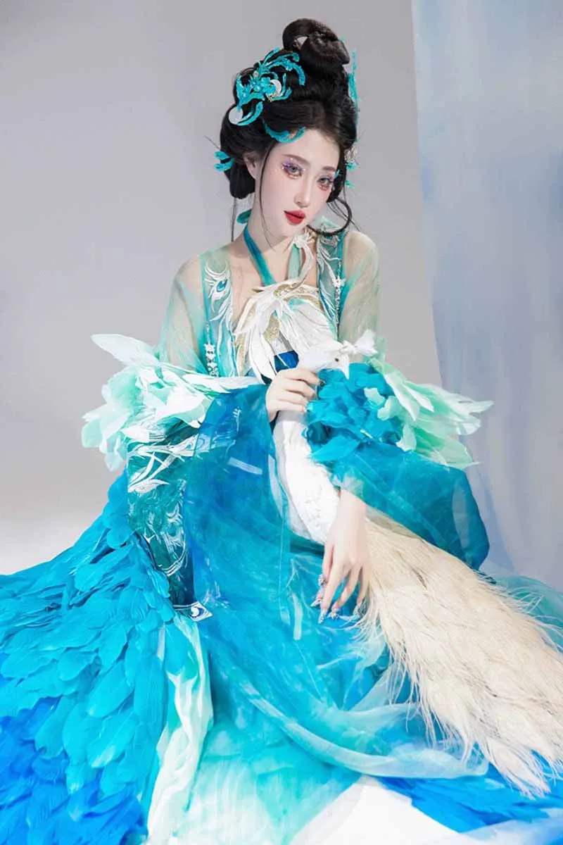 blue hanfu dress short celestial style tulle prom dress with sleeves