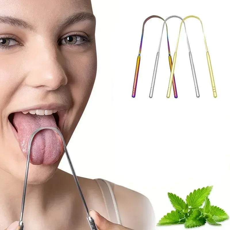 Raspador de lengua de acero inoxidable en forma de U, limpieza de aliento fresco de Metal, cepillo de dientes de lengua recubierto, herramientas de cuidado de higiene bucal, 3 colores