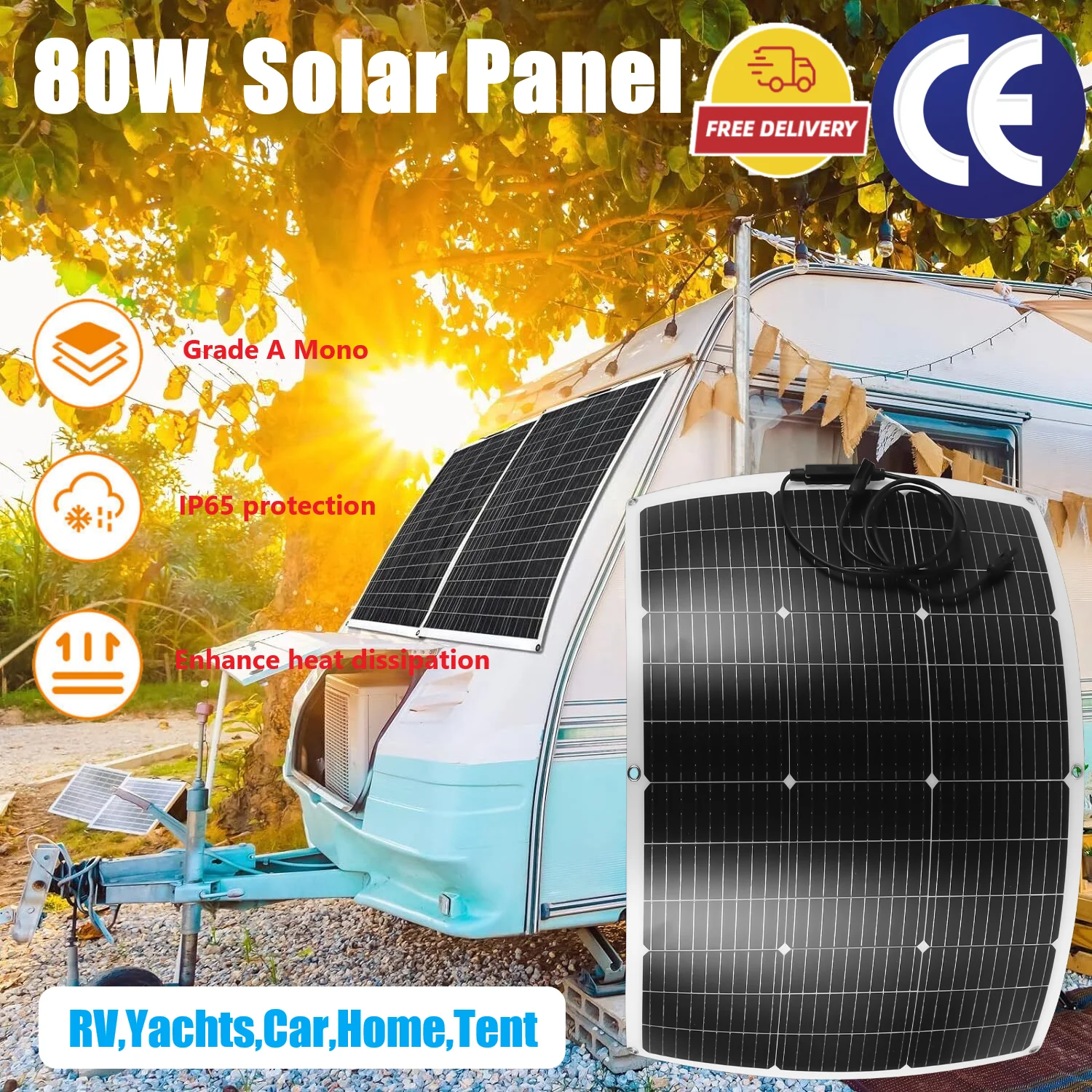 

23% High Efficient 80W Solar Panels Kit Complete System 12V photovoltaic Flexible Solar Cells For Car RV Home Power Bank Battery