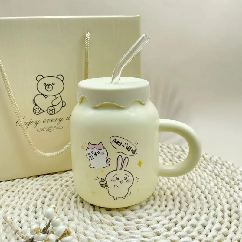 

Chiikawa Ceramic Mug With Lid And Straw Cute Cartoon Design Coffee Tea Cup For Home Office School Drinkware Gift For Girls