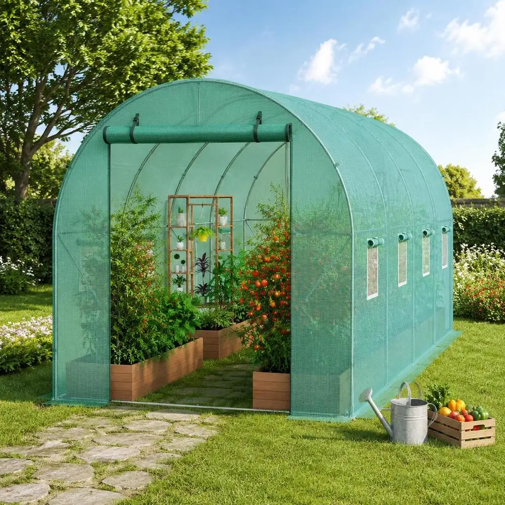 Serre tunnel de 4,45 m (14,6 pi) avec structure en acier galvanisé, bâche en PE vert, porte à fermeture éclair enroulable et 8 fenêtres de ventilation pour la culture de plantes en extérieur