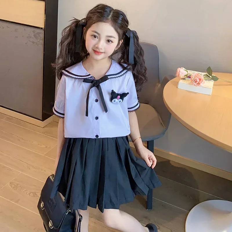 Anime Sanrio Cartoon Kuromi Children's Japanese Jk Sailor Uniform Summer Girl College Style Pleated Dress Set Kid Birthday Gifts