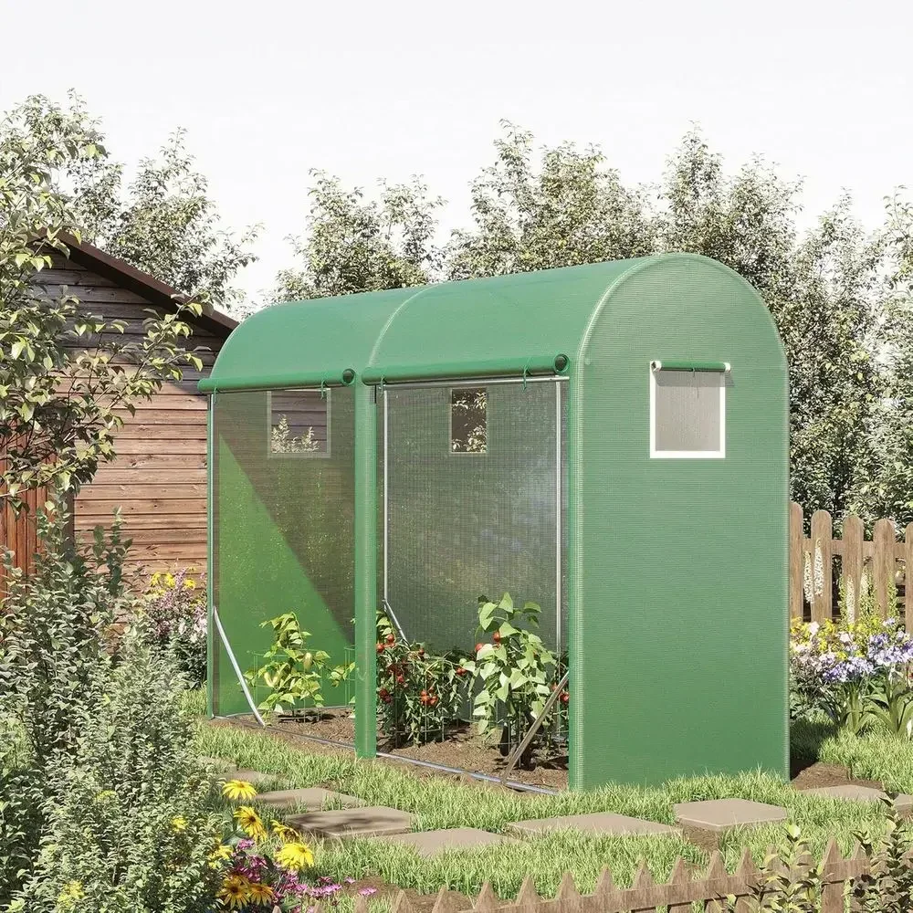10' x 3' x 7' Steel Lean-to Greenhouse with 4 Roll-up Windows, 2 Doors, UV-Protected Cover for Growing Plants and Saplings
