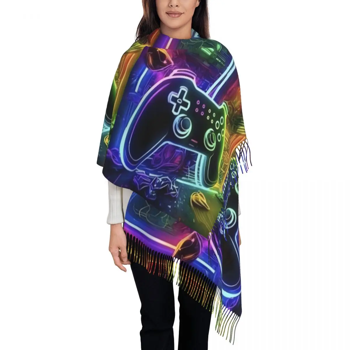 

Ladies Long 80s Game Console Hand Controller Scarves Women Winter Soft Warm Tassel Shawl Wraps Colorful E-Sports Game Scarf