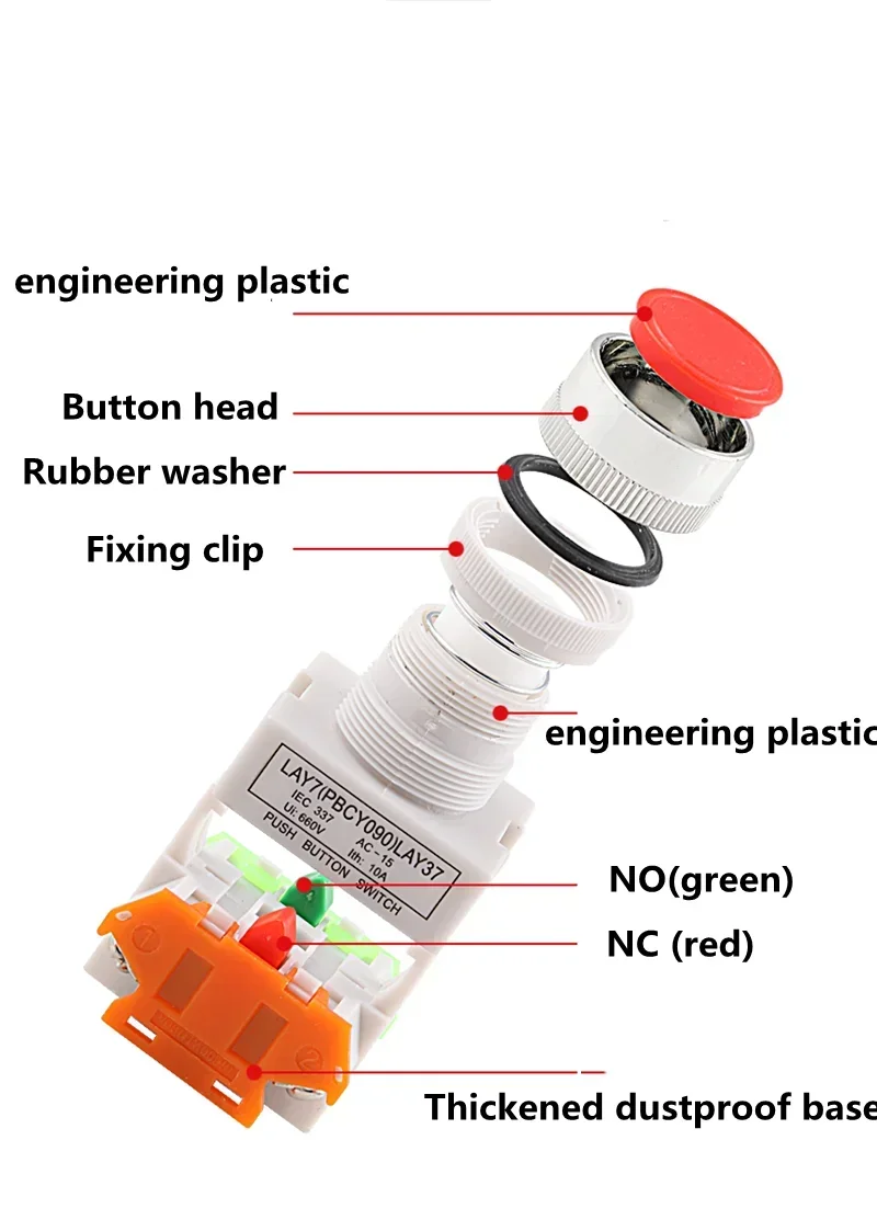 22mm LAY37 Y090 Mushroom Head Emergency Stop RotationReset Self Lock Push Button Switches Red Blue Green 1NO 1NC 10A250VAC