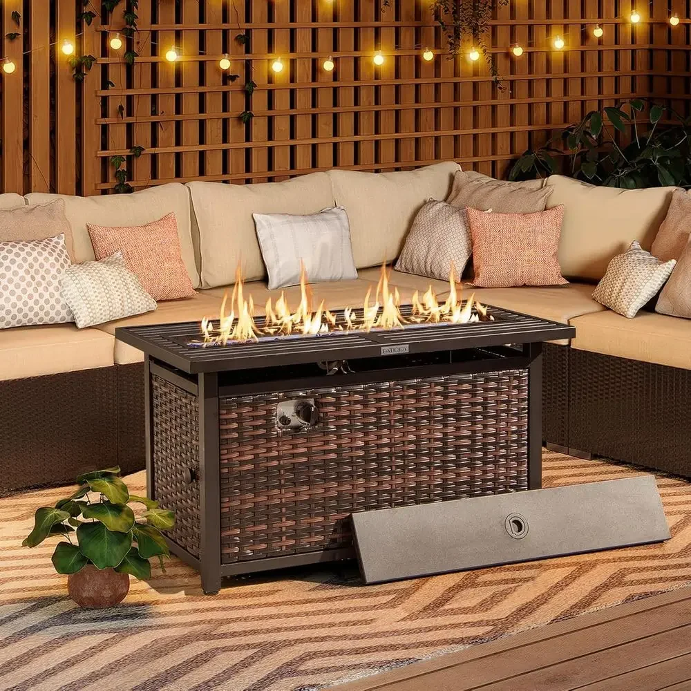 45 Outdoor Propane Fire Pit Table with Glass Stones, Protective Cover and Heavy-Duty Metal Frame