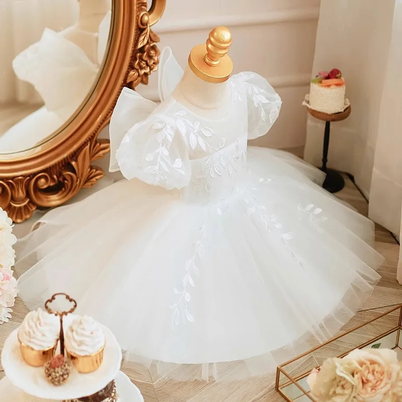 Girls' First Birthday Ceremony Dress2024New Summer Baby Girl First Birthday High-end White Princess Dress Little Host