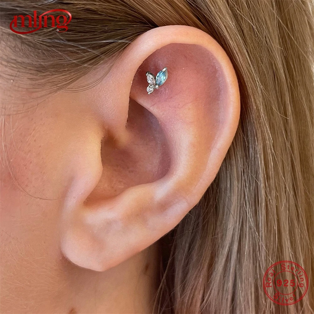 

MLING 1PC 925 Sterling Silver Blue CZ Flat Back Stud Earrings for Women Hypoallergenic Tragus Helix Cartilage Piercing Jewelry