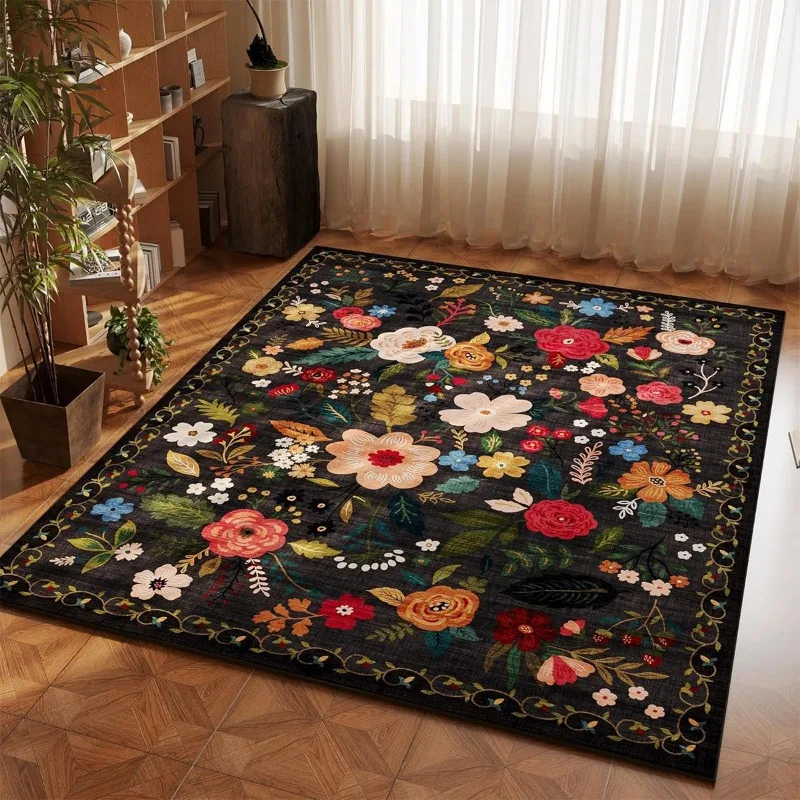 Elegant Vintage Floral Rug for Living Room, Large Area, Home Decoration, French Retro Floor Mat, Soft Machine Washable Area Rugs