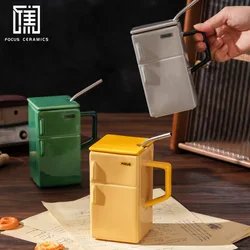 Home Creative retro 550ml refrigerator with covered straw ceramic cup Funny office couple gift coffee mugs