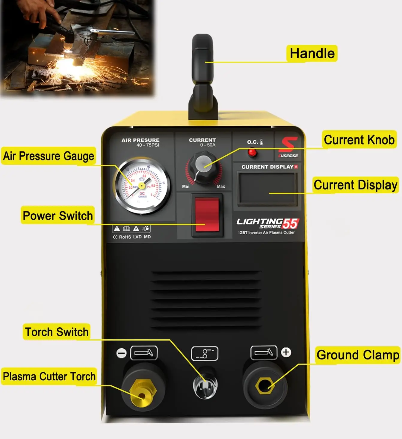 SUSEMSE Plasma Cutter 55 Amp HF IGBT Inverter Portable Air Plasma Cutting Machine with Accessories 12MM Clean Cut for Metal