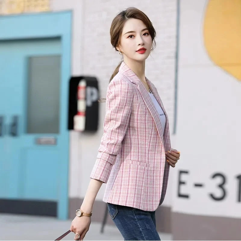 2024 New Spring Autumn Women Korean Blazers Casual Elegant Plaid Slim Short Single Button Long Sleeve Lady Suit Jacket  Female