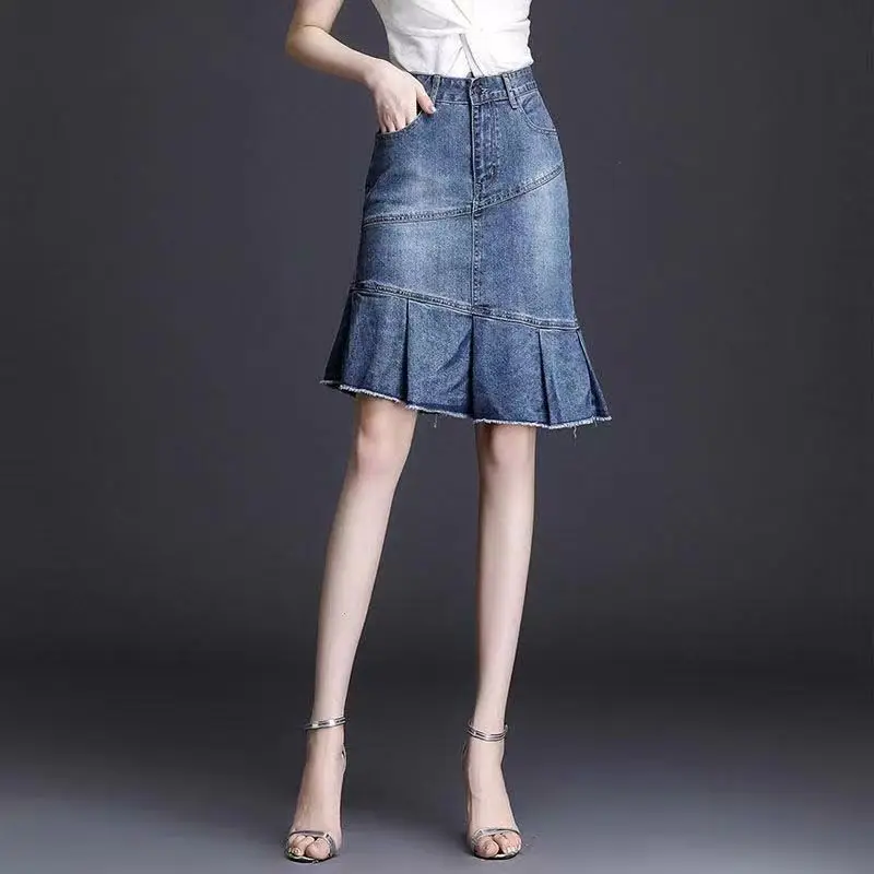 

Woman Denim Skirt Midi Jeans Skirts For Women Chubby Ruffle A Line Korean Style Offer Aesthetic Hot V High Quality Cheap Fashion