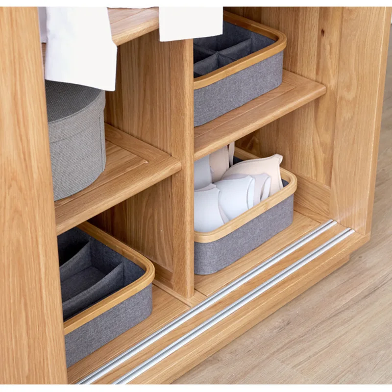 Nordic solid wood wardrobe, oak double sliding door black walnut light luxury storage wardrobe