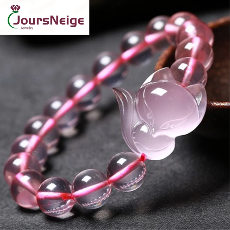 Women Bracelet Natural Pink Crystal Hand Carved Fox 10mm Beads Fengshui Gems Gift Fashion Jewelry For Woman Girl BA049