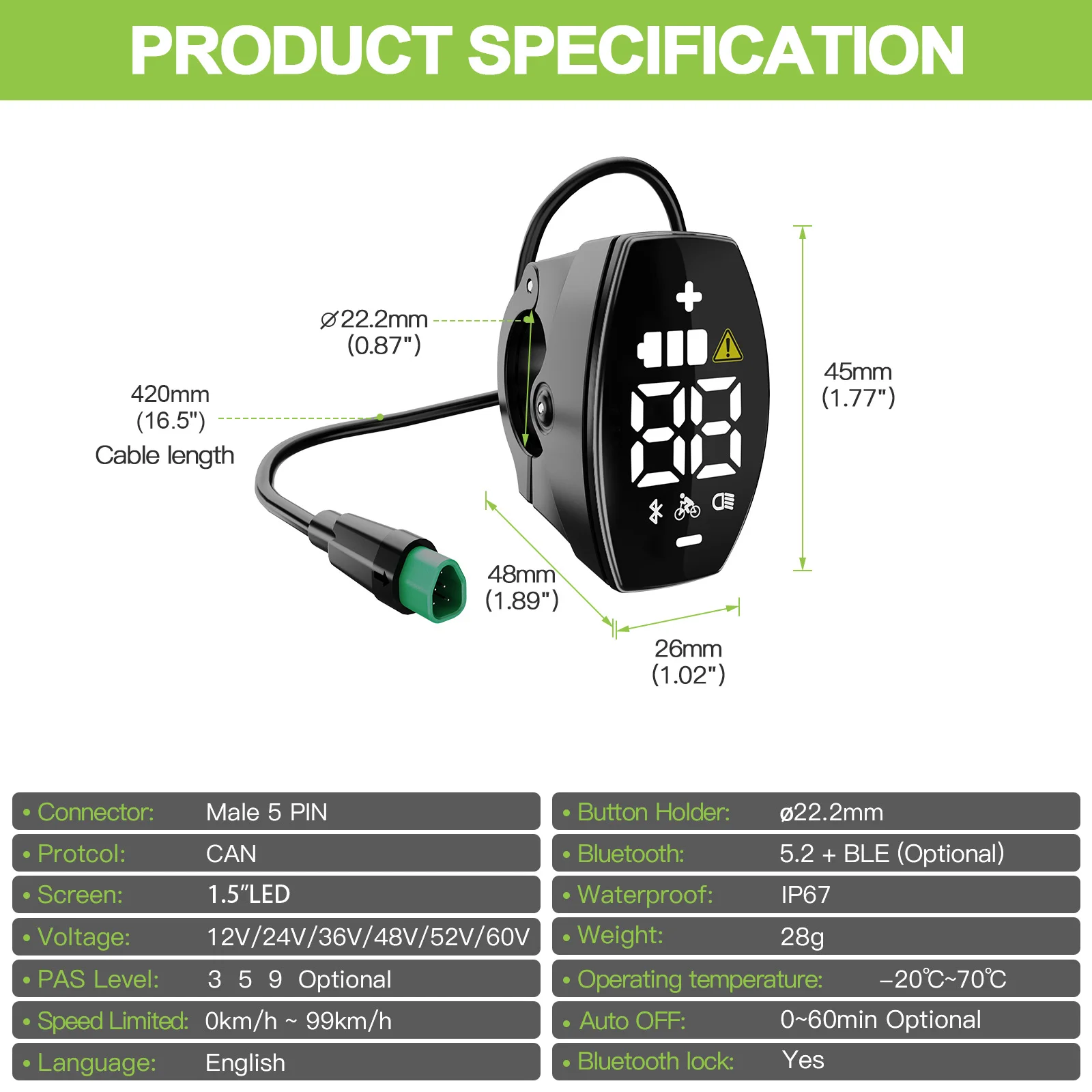 E-Bike VD03 Display HD LED-Bildschirm Motoranzeige CAN-Protokoll für BAFANG Mittelmotor-Teile mit 5-Pin Dreieckstecker – Detail 3
