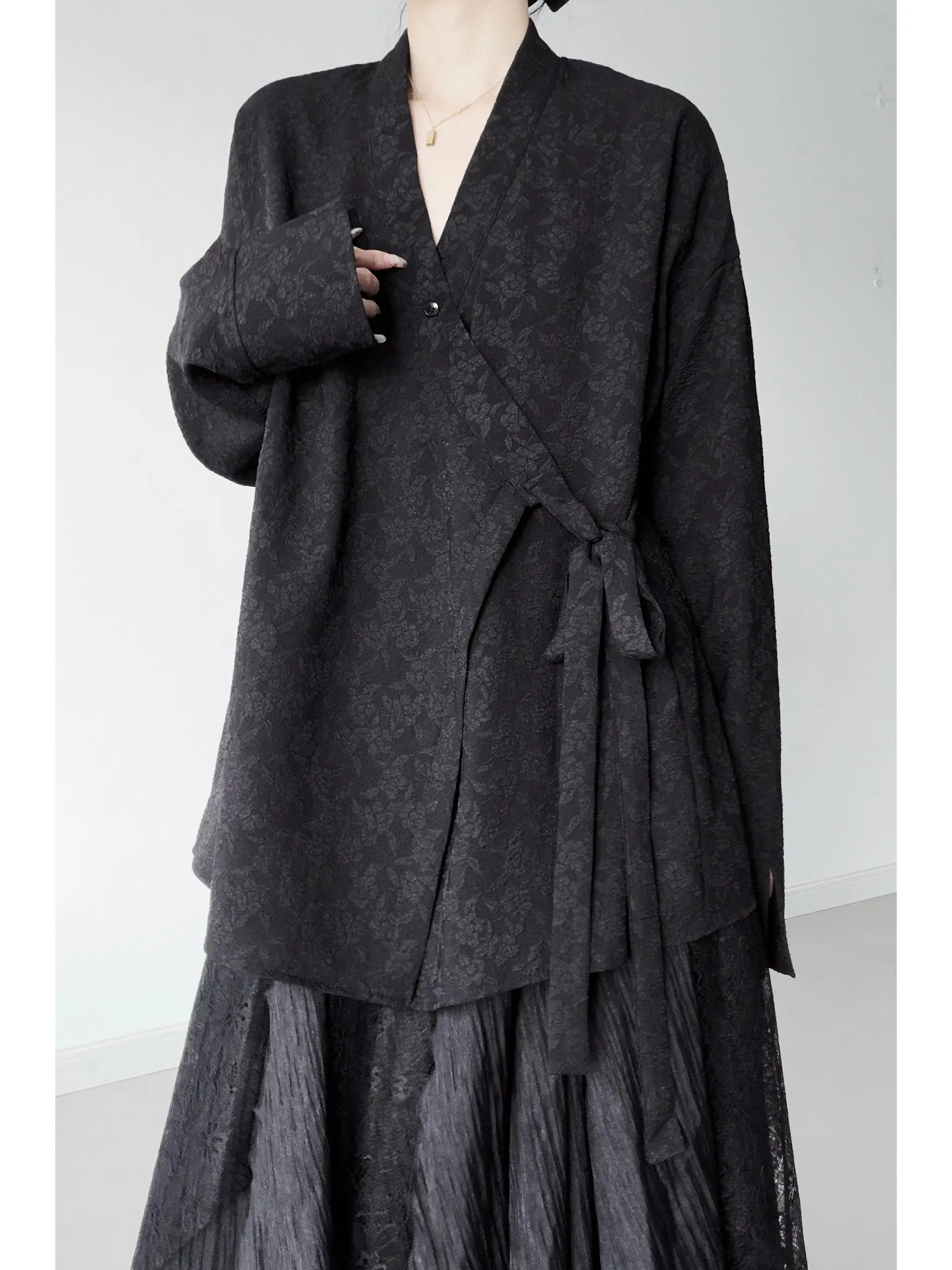 New Chinese Style Women's Shirt Embossed Side-Tie Spring Summer Jacket Traditional National Fashion V-Neck Long Sleeve Loose Fit