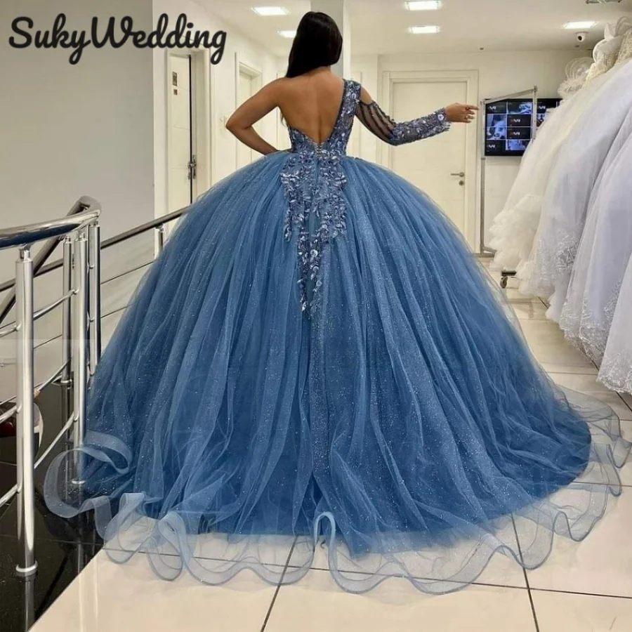 Синие платья принцессы Quinceanera на одно плечо, милые платья для выпускного вечера 16, цветы, бисер, кружевная аппликация, корсет, Vestidos по индивидуальному заказу