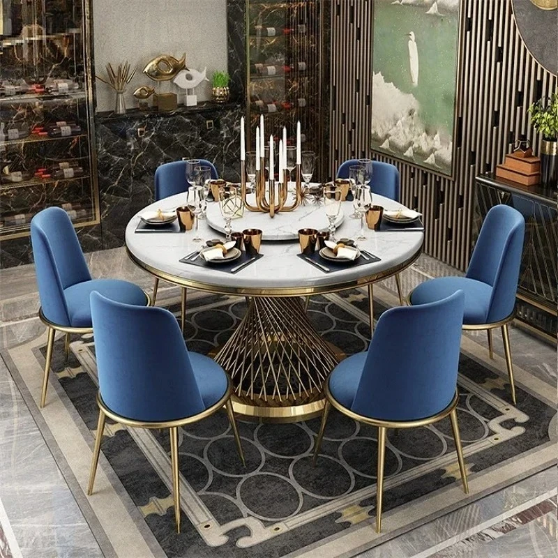 Designer Luxury round dinning Marble Rock Slab dining table set 6 chairs mesa comedor sillas furniture Stainless steel gold base