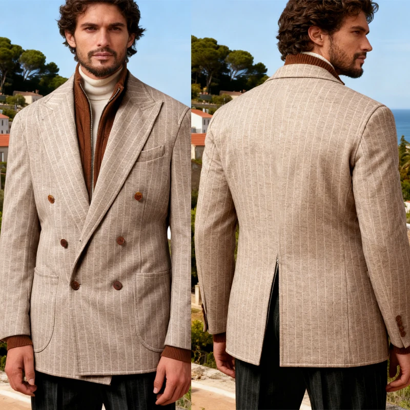 

Men's striped jacket double breasted lapel man coat business casual tailored man tuxedo blazer for banquet party wedding dress