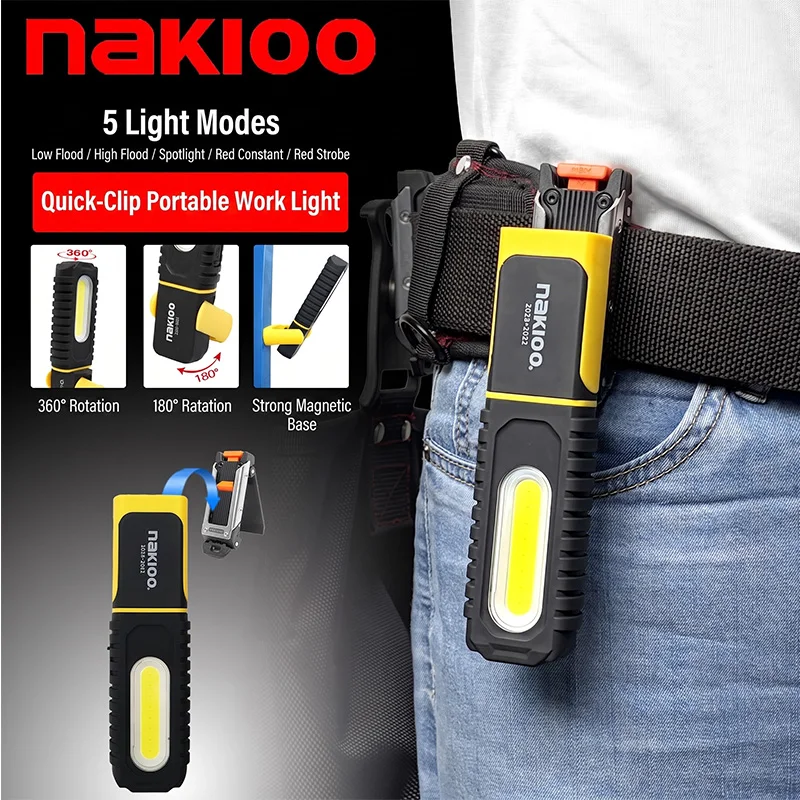 NAKIOO COB LED Work Light Portable Hanging Flashlight Magnetic Base 5‑Light Modes 360° Rotate Inspection Lamp for Auto Repair