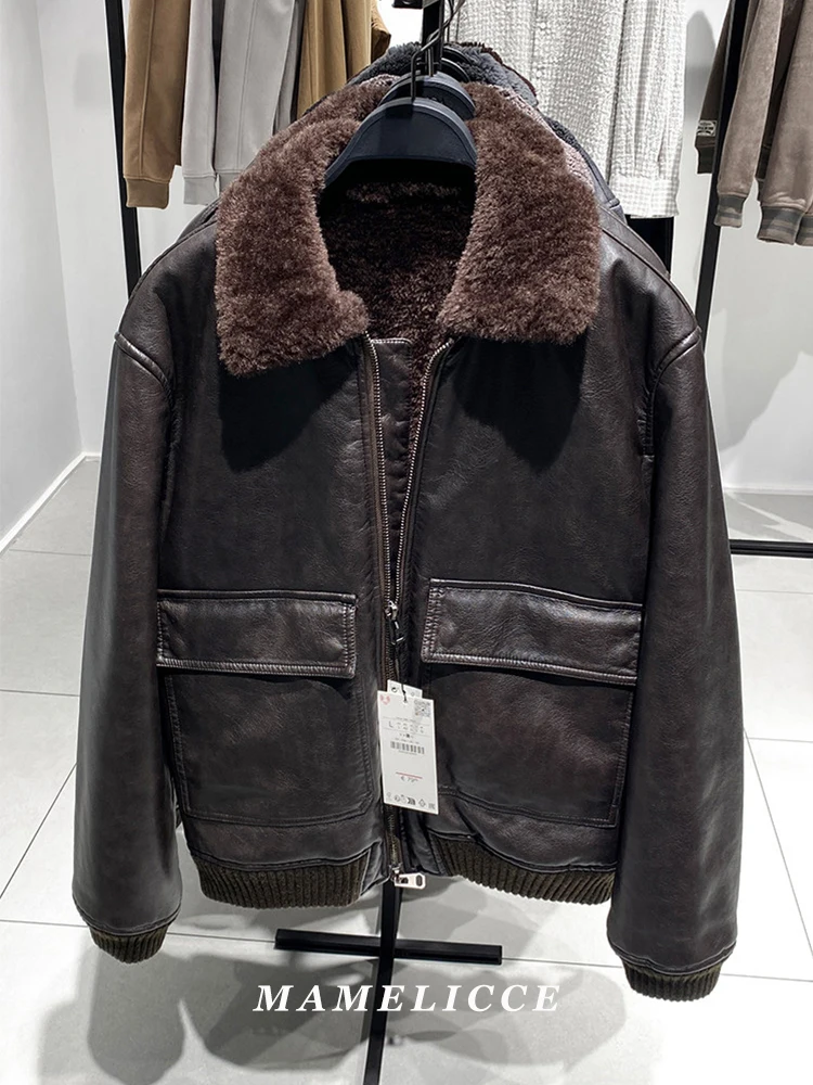 

MAMELICCE Original Removable Fur Turn-down collar Fleece and thickened PU imitation leather jacket leather jacket tops