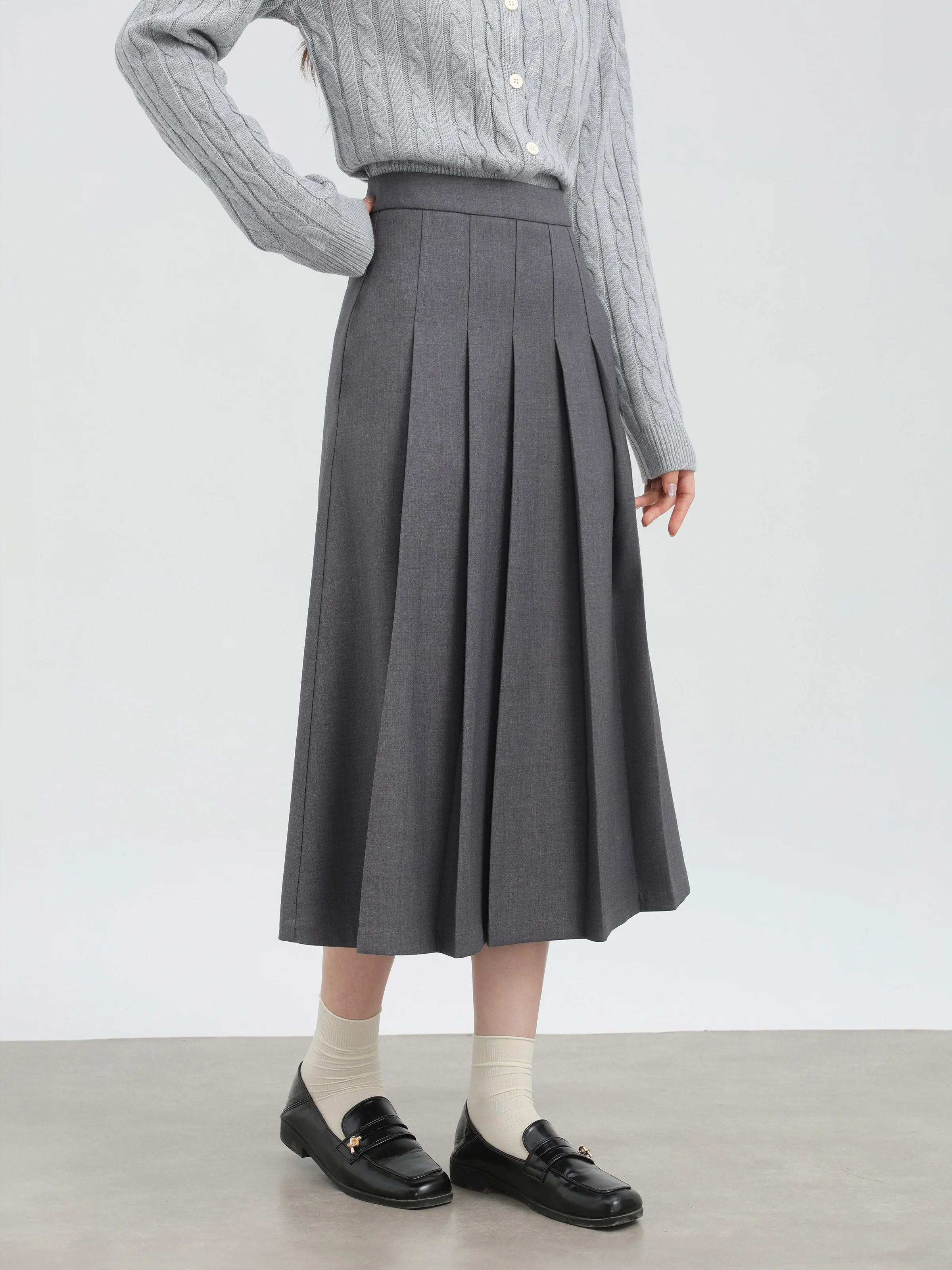 تنورة أنيقة عالية الخصر ذات ثنيات بقصة ضيقة على شكل حرف a تنورة ميدي للنساء تنورة غير رسمية للمكتب باللون الرمادي لملابس الخريف والشتاء الصغيرة