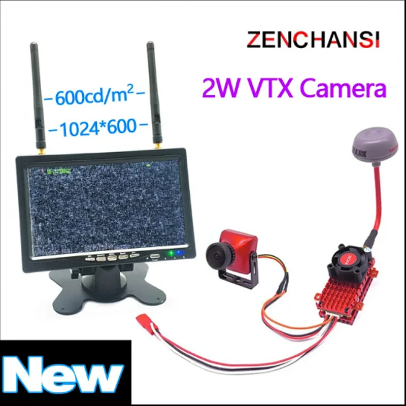 Transmissor e monitor FPV de longo alcance para RC Part, 5.8G, 2W, câmera CCD 2000TVL de 2,5mm, 5.8G, 48CH, 7 "HD IPS, 1024*600