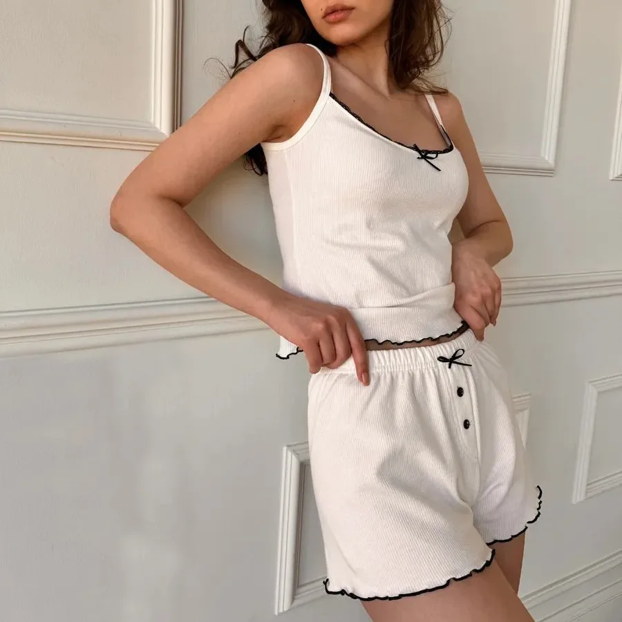 Women's Homewear Bow Lace Edge Camisole Undershirt Shorts Set Sexy Slimming Comfortable Skin-friendly Pajamas