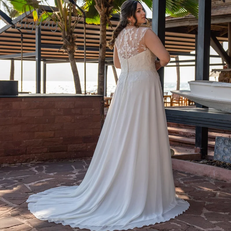 Elegantes vestidos de noiva em renda para mulheres, decote em v, plus size, costas brancas ilusionistas, vestido de noiva chiffon