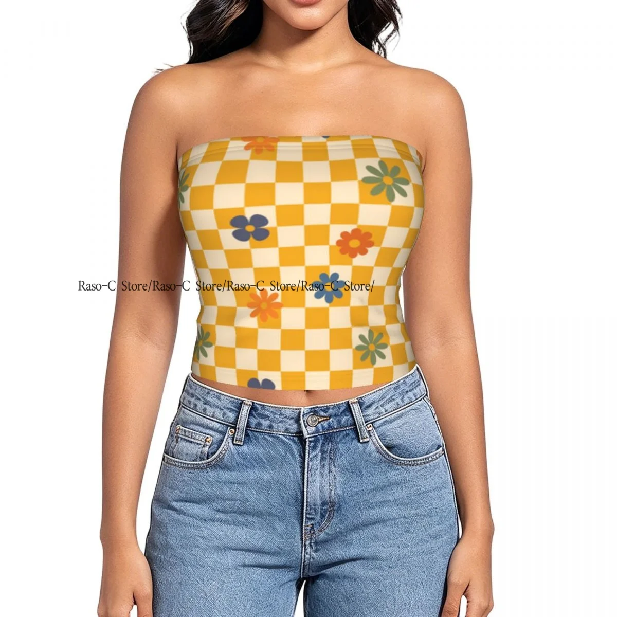 Strapless Sexy Tube Tops Summer Outfits Women Backless Shoulder Wrap Groovy Flower Checkered 1970s Style Female Crop Top